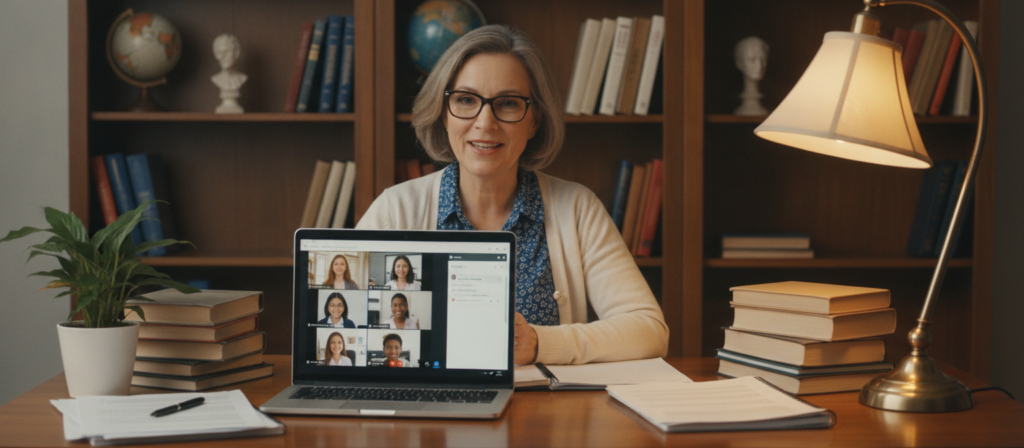A serene home office scene depicting a professional English teacher engaging in an online lesson. In the foreground, a middle-aged woman with glasses wearing a smart casual outfit, sitting at her desk with a laptop open. She is surrounded by books, study materials, and a potted plant, conveying a scholarly atmosphere. In the middle, the screen displays a digital classroom interface with students’ faces visible during a live session, showcasing interaction. The background includes a well-organized bookshelf filled with English literature, adding depth and context. Soft, warm lighting from a desk lamp illuminates the workspace, creating a cozy and inviting mood. The angle is slightly elevated, focusing on the teacher's engaged expression and vibrant workspace, emphasizing the essence of online learning and selection of English tutors.