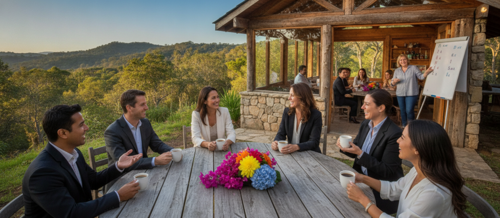 A serene language immersion retreat scene in a lush natural environment. In the foreground, a diverse group of adults, dressed in smart casual attire, engages in a lively conversation over coffee at an outdoor table, surrounded by vibrant flowers. The middle layer features a cozy, rustic wooden cabin with large windows, where small group activities are taking place, with participants practicing a new language while guided by an attentive instructor. In the background, rolling hills under a clear blue sky create a peaceful atmosphere, with trees swaying gently in the breeze. Soft, warm lighting casts a welcoming glow, emphasizing the collaborative and immersive learning experience, inviting viewers to explore the human-led instruction approach. The composition is shot from a slightly elevated angle to capture the full essence of the retreat's environment and interaction. A serene language immersion retreat scene in a lush natural environment. In the foreground, a diverse group of adults, dressed in smart casual attire, engages in a lively conversation over coffee at an outdoor table, surrounded by vibrant flowers. The middle layer features a cozy, rustic wooden cabin with large windows, where small group activities are taking place, with participants practicing a new language while guided by an attentive instructor. In the background, rolling hills under a clear blue sky create a peaceful atmosphere, with trees swaying gently in the breeze. Soft, warm lighting casts a welcoming glow, emphasizing the collaborative and immersive learning experience, inviting viewers to explore the human-led instruction approach. The composition is shot from a slightly elevated angle to capture the full essence of the retreat's environment and interaction.