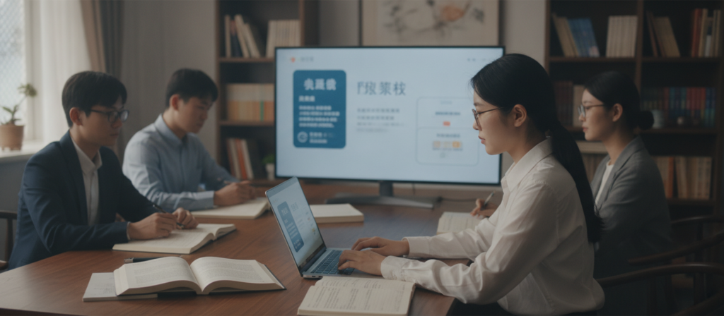 A serene online learning environment featuring a diverse group of students engaged in studying Chinese. In the foreground, a focused young woman with glasses, wearing smart casual attire, types on a laptop, surrounded by open textbooks and notes. In the middle, a large screen displays Chinese characters and language learning materials, with various digital tools like flashcards and pronunciation guides visible. In the background, a cozy room with bookshelves filled with Chinese literature and cultural artifacts, softly lit by warm, natural light from a window. The overall mood conveys focus and ambition, with a touch of cultural richness, inspired by traditional Chinese elements. A serene online learning environment featuring a diverse group of students engaged in studying Chinese. In the foreground, a focused young woman with glasses, wearing smart casual attire, types on a laptop, surrounded by open textbooks and notes. In the middle, a large screen displays Chinese characters and language learning materials, with various digital tools like flashcards and pronunciation guides visible. In the background, a cozy room with bookshelves filled with Chinese literature and cultural artifacts, softly lit by warm, natural light from a window. The overall mood conveys focus and ambition, with a touch of cultural richness, inspired by traditional Chinese elements.