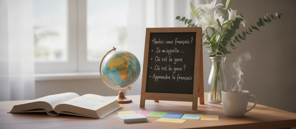 A serene study environment showcasing "French Learning Goals". In the foreground, a wooden desk with neatly arranged study materials: a classic French grammar book, colorful flashcards, and a cup of steaming coffee. In the middle ground, a globe and a chalkboard displaying basic French phrases, surrounded by fresh flowers in a vase, symbolizing growth. In the background, a window with soft natural light flooding in, illuminating the space and creating a warm atmosphere. The mood is inviting and inspiring, perfect for beginners taking their first steps in learning French. Capture this scene with a soft-focus lens to enhance the warmth, using a slightly elevated angle to provide a comprehensive view of the learning space. A serene study environment showcasing "French Learning Goals". In the foreground, a wooden desk with neatly arranged study materials: a classic French grammar book, colorful flashcards, and a cup of steaming coffee. In the middle ground, a globe and a chalkboard displaying basic French phrases, surrounded by fresh flowers in a vase, symbolizing growth. In the background, a window with soft natural light flooding in, illuminating the space and creating a warm atmosphere. The mood is inviting and inspiring, perfect for beginners taking their first steps in learning French. Capture this scene with a soft-focus lens to enhance the warmth, using a slightly elevated angle to provide a comprehensive view of the learning space.