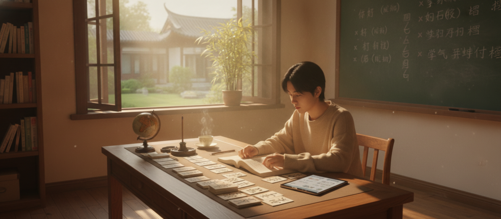 A serene study room filled with educational materials about the Chinese language. In the foreground, a young adult studying diligently at a wooden desk covered with Chinese character flashcards and textbooks. A large open window in the middle ground allows soft sunlight to illuminate the space, casting gentle shadows. In the background, a chalkboard filled with handwritten Chinese characters and grammar notes creates an atmosphere of learning. A potted plant beside the window adds a touch of nature. The overall mood is focused yet inviting, conveying the challenges and beauty of learning Chinese. The image should be captured from a slight angle, emphasizing the desk and study materials, with a warm color palette to enhance the feeling of a cozy learning environment.