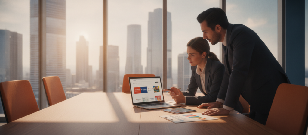 A spacious, well-lit modern office setting with a large table at the center, featuring a laptop displaying various online English learning platforms side by side. In the foreground, two adults in professional attire—one male and one female—are intently reviewing the platforms, engaged in discussion. The middle ground showcases a sleek digital tablet and printed brochures, laid out as comparison materials. In the background, a large window allows natural light to fill the room, with a view of a city skyline. The atmosphere is collaborative and focused, with a warm color palette that promotes learning and engagement, captured from a slightly elevated angle for perspective. Soft shadows enhance the professional vibe, and the overall composition reflects a serious yet inviting mood. A spacious, well-lit modern office setting with a large table at the center, featuring a laptop displaying various online English learning platforms side by side. In the foreground, two adults in professional attire—one male and one female—are intently reviewing the platforms, engaged in discussion. The middle ground showcases a sleek digital tablet and printed brochures, laid out as comparison materials. In the background, a large window allows natural light to fill the room, with a view of a city skyline. The atmosphere is collaborative and focused, with a warm color palette that promotes learning and engagement, captured from a slightly elevated angle for perspective. Soft shadows enhance the professional vibe, and the overall composition reflects a serious yet inviting mood.