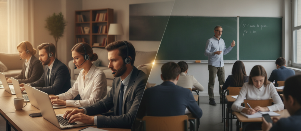 Online-Sprachunterricht und klassischer Präsenzunterricht im Vergleich A split scene illustrating the advantages of online language instruction versus traditional classroom learning. In the foreground, a diverse group of adult learners engaged in an online class on computers, showcasing focused expressions. They are dressed in professional business attire, with a mix of men and women. In the middle ground, a cozy home environment with shelves of books and a coffee cup, symbolizing the comfort of online learning. In contrast, the background features a traditional classroom setting with a teacher at the chalkboard and students seated in rows. Bright, warm lighting enhances the inviting atmosphere of the online scene, while the classroom area has more subdued lighting. The mood is one of engagement and productivity, emphasizing the flexibility of online education.