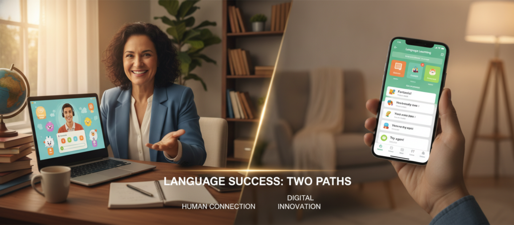 A split-screen composition showcasing the contrast between an online language teacher and a language learning app. Foreground: On the left, a professional language teacher sits at a desk, engaged in a video call with a student, wearing business attire and smiling warmly. The desk is adorned with books and a laptop displaying a vibrant language learning interface. Middle: On the right, a close-up of a smartphone held in a person's hand, showcasing a colorful language learning app interface filled with interactive exercises and vocabulary quizzes. Background: A cozy, modern home setting with soft lighting, creating an inviting atmosphere for learning. Warm colors dominate the scene, enhancing the feeling of accessibility and motivation for language acquisition. The overall mood is friendly, educational, and inspiring, emphasizing the two effective ways to achieve language success. A split-screen composition showcasing the contrast between an online language teacher and a language learning app. Foreground: On the left, a professional language teacher sits at a desk, engaged in a video call with a student, wearing business attire and smiling warmly. The desk is adorned with books and a laptop displaying a vibrant language learning interface. Middle: On the right, a close-up of a smartphone held in a person's hand, showcasing a colorful language learning app interface filled with interactive exercises and vocabulary quizzes. Background: A cozy, modern home setting with soft lighting, creating an inviting atmosphere for learning. Warm colors dominate the scene, enhancing the feeling of accessibility and motivation for language acquisition. The overall mood is friendly, educational, and inspiring, emphasizing the two effective ways to achieve language success.