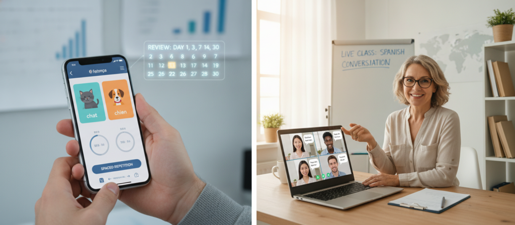A split-screen illustration depicting the concept of language learning through a mobile app featuring spaced repetition on one side, and an online language teacher on the other. In the foreground, show a user engaging with the language learning app on a sleek smartphone, with colorful flashcards and visual prompts. The middle ground features a professional online teacher in a well-lit home office setting, teaching a diverse group of students via video chat on a laptop. Background elements include a digital calendar highlighting spaced repetition intervals and educational charts. The atmosphere should be bright and engaging, showcasing modern technology in a learning environment, with soft, natural lighting to enhance focus and clarity. A split-screen illustration depicting the concept of language learning through a mobile app featuring spaced repetition on one side, and an online language teacher on the other. In the foreground, show a user engaging with the language learning app on a sleek smartphone, with colorful flashcards and visual prompts. The middle ground features a professional online teacher in a well-lit home office setting, teaching a diverse group of students via video chat on a laptop. Background elements include a digital calendar highlighting spaced repetition intervals and educational charts. The atmosphere should be bright and engaging, showcasing modern technology in a learning environment, with soft, natural lighting to enhance focus and clarity.