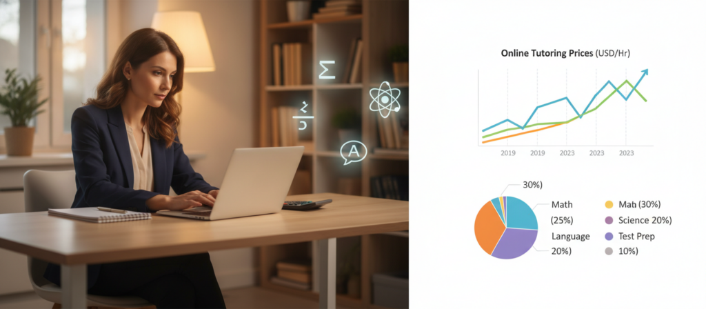 A split-screen image illustrating a comparison of online tutoring prices. On the left, a professional female tutor sits at a modern desk, working on a laptop with a notepad and calculator nearby, dressed in smart business attire. The background features a cozy home office, with warm lighting creating an inviting atmosphere. On the right, a graph and chart display depicting pricing trends in online tutoring services, highlighted in vibrant colors against a clean, white background. The middle ground should have some floating icons representing different subjects like math, science, and language, subtly layered behind the central elements. The overall mood is informative and engaging, aimed at helping viewers understand the cost structure of online tutoring services. A split-screen image illustrating a comparison of online tutoring prices. On the left, a professional female tutor sits at a modern desk, working on a laptop with a notepad and calculator nearby, dressed in smart business attire. The background features a cozy home office, with warm lighting creating an inviting atmosphere. On the right, a graph and chart display depicting pricing trends in online tutoring services, highlighted in vibrant colors against a clean, white background. The middle ground should have some floating icons representing different subjects like math, science, and language, subtly layered behind the central elements. The overall mood is informative and engaging, aimed at helping viewers understand the cost structure of online tutoring services.