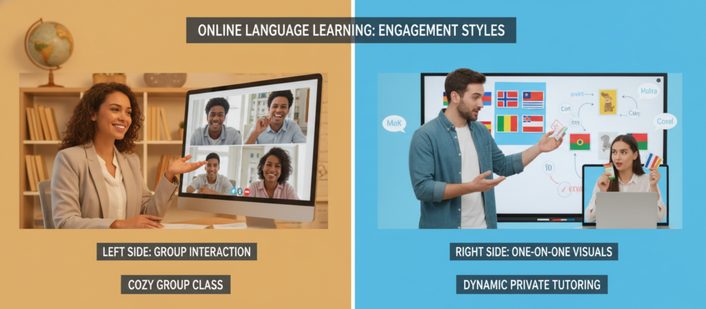 A split-screen image illustrating a comparison of teaching styles in online language classes. On the left, a friendly tutor dressed in professional attire is engaging with a small group of diverse students via a video call, with warm lighting and a cozy home office background featuring language learning books. On the right, another tutor in smart casual clothing is conducting a lively one-on-one session with a student, using colorful visual aids and a whiteboard in a modern setting. The composition should emphasize interaction, engagement, and the contrasting approaches, with both sides balanced harmoniously. The overall mood is positive and educational, highlighting the effectiveness of online language learning.