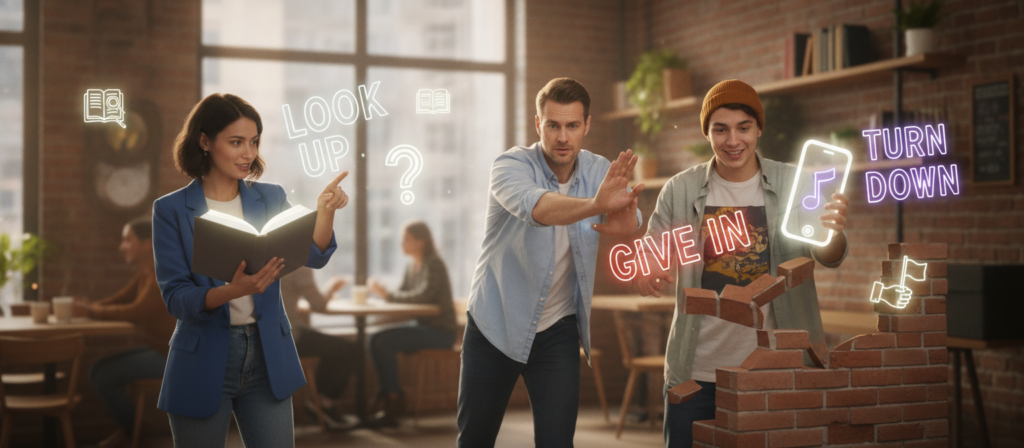 A vibrant and engaging illustration depicting the concept of everyday English phrasal verbs in action. In the foreground, a diverse group of three people, a woman in smart casual attire, a man in a collared shirt, and a young adult in relaxed yet neat clothing, are interacting with visual representations of phrasal verbs like "look up," "give in," and "turn down." In the middle ground, subtle icons or images representing these verbs can be seen, such as a book opening, a hand signaling a stop, or a phone being answered. The background features a cozy café setting with warm, inviting lighting, emphasizing a casual conversation atmosphere. The overall mood is friendly and dynamic, showcasing the essence of daily interactions. Use a soft focus lens for a warm tone. A vibrant and engaging illustration depicting the concept of everyday English phrasal verbs in action. In the foreground, a diverse group of three people, a woman in smart casual attire, a man in a collared shirt, and a young adult in relaxed yet neat clothing, are interacting with visual representations of phrasal verbs like "look up," "give in," and "turn down." In the middle ground, subtle icons or images representing these verbs can be seen, such as a book opening, a hand signaling a stop, or a phone being answered. The background features a cozy café setting with warm, inviting lighting, emphasizing a casual conversation atmosphere. The overall mood is friendly and dynamic, showcasing the essence of daily interactions. Use a soft focus lens for a warm tone.