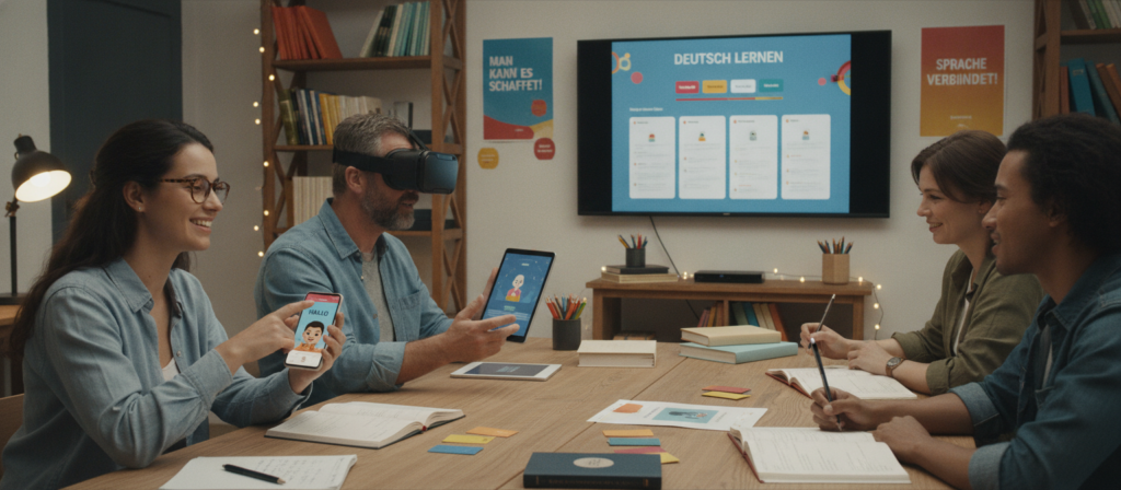 A vibrant and engaging scene depicting a diverse group of individuals, immersed in the process of learning German through various media and apps. In the foreground, a young woman with glasses uses a smartphone, displaying a language app, while a middle-aged man with a tablet practices speaking with virtual reality headphones on. In the middle ground, a large screen showcases a visually appealing language learning interface, surrounded by books and notes. The background features a cozy study environment filled with motivating German posters and language resources. Soft, warm lighting creates an inviting atmosphere, enhancing the sense of progress and connection in the journey of learning. The image captures a sense of collaboration and technology in education, emphasizing a modern approach to language acquisition.