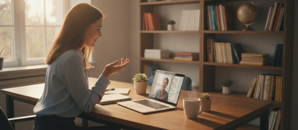 A vibrant and inviting scene depicting a young professional woman engaged in online German language lessons on a portable device, such as a tablet or laptop. In the foreground, she sits comfortably at a stylish wooden desk, wearing smart casual clothing, focused on her screen. The middle ground features various study materials like notebooks, a coffee cup, and a small potted plant, enhancing the learning atmosphere. The background showcases a bright, well-lit room with bookshelves filled with language books and decorative items, emphasizing a cozy, educational environment. Soft, natural light pours in from a nearby window, creating a warm and motivating mood, ideal for language learning. The camera angle captures the woman in a dynamic pose, symbolizing engagement and enthusiasm for online learning. A vibrant and inviting scene depicting a young professional woman engaged in online German language lessons on a portable device, such as a tablet or laptop. In the foreground, she sits comfortably at a stylish wooden desk, wearing smart casual clothing, focused on her screen. The middle ground features various study materials like notebooks, a coffee cup, and a small potted plant, enhancing the learning atmosphere. The background showcases a bright, well-lit room with bookshelves filled with language books and decorative items, emphasizing a cozy, educational environment. Soft, natural light pours in from a nearby window, creating a warm and motivating mood, ideal for language learning. The camera angle captures the woman in a dynamic pose, symbolizing engagement and enthusiasm for online learning.