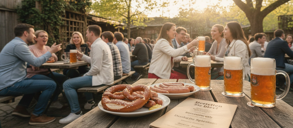 A vibrant beer garden scene during a sunny afternoon, bustling with people enjoying food and drinks. In the foreground, close-up of a wooden table set with traditional German fare: pretzels, sausages, glasses of beer, and a menu displaying German phrases for ordering. In the middle ground, diverse patrons in modest casual clothing are engaged in lively conversation, with some pointing at the menu or raising their glasses in a toast. The background features rustic wooden benches and lush greenery, with warm sunlight filtering through tree leaves, creating a welcoming and festive atmosphere. The composition includes a slight depth of field, focusing on the table while softly blurring the background for a lively yet cozy feel. Overall, it captures the essence of conviviality and cultural immersion in a German beer garden setting. A vibrant beer garden scene during a sunny afternoon, bustling with people enjoying food and drinks. In the foreground, close-up of a wooden table set with traditional German fare: pretzels, sausages, glasses of beer, and a menu displaying German phrases for ordering. In the middle ground, diverse patrons in modest casual clothing are engaged in lively conversation, with some pointing at the menu or raising their glasses in a toast. The background features rustic wooden benches and lush greenery, with warm sunlight filtering through tree leaves, creating a welcoming and festive atmosphere. The composition includes a slight depth of field, focusing on the table while softly blurring the background for a lively yet cozy feel. Overall, it captures the essence of conviviality and cultural immersion in a German beer garden setting.
