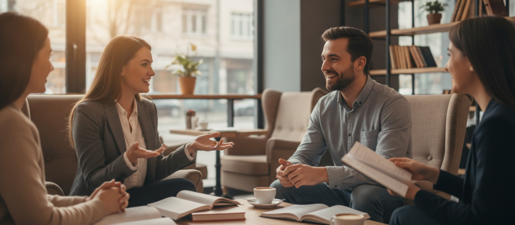 A vibrant café scene featuring a small group of diverse individuals engaged in lively English conversation. In the foreground, a woman in professional attire animatedly gestures while speaking to a man in casual yet neat clothing, encouraging an inclusive atmosphere of discussion. The expressions on their faces reflect confidence and enthusiasm. In the middle ground, two friends practice conversational skills, one gesturing with a notebook, showcasing an interactive learning moment. The background reveals a cozy café environment, with warm lighting filtering through large windows, creating an inviting ambiance. The overall mood is supportive and encouraging, emphasizing the importance of real conversations for building English speaking confidence. The composition is bright and engaging, captured with a soft focus effect for a warm, welcoming vibe.