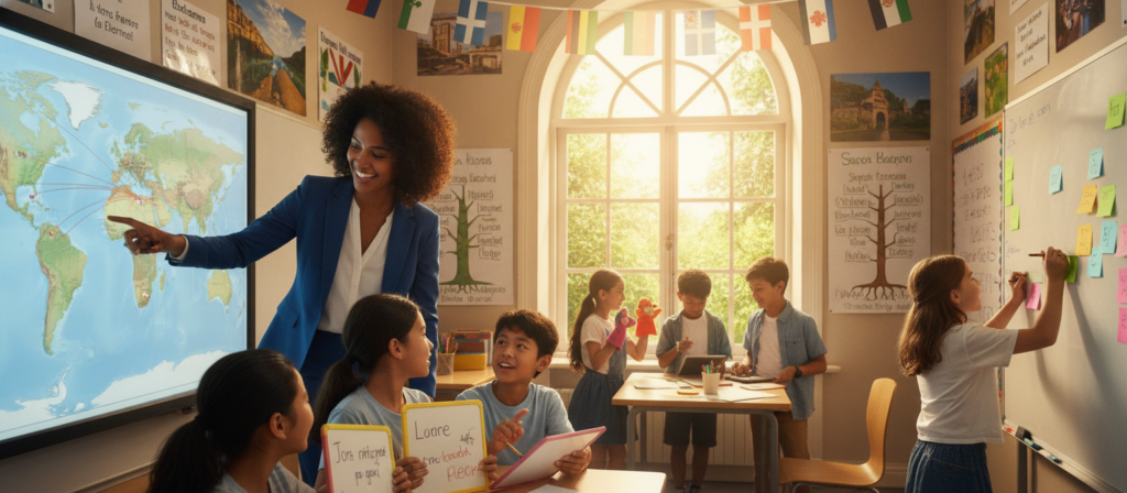 A vibrant classroom scene depicting language immersion, showcasing diverse students actively participating in language learning activities. In the foreground, a smiling instructor, dressed in professional attire, engages with a group of students who express enthusiasm and curiosity. In the middle ground, various students of different ethnicities practice speaking and writing together, surrounded by colorful visuals like maps and linguistic posters. The background features a bright, sunlight-filled window with greenery outside, creating an inviting atmosphere. Use warm, natural lighting to enhance the mood of collaboration and excitement. The perspective should have a slight angle, emphasizing interaction among the students, and capturing the essence of immersive language learning experiences. A vibrant classroom scene depicting language immersion, showcasing diverse students actively participating in language learning activities. In the foreground, a smiling instructor, dressed in professional attire, engages with a group of students who express enthusiasm and curiosity. In the middle ground, various students of different ethnicities practice speaking and writing together, surrounded by colorful visuals like maps and linguistic posters. The background features a bright, sunlight-filled window with greenery outside, creating an inviting atmosphere. Use warm, natural lighting to enhance the mood of collaboration and excitement. The perspective should have a slight angle, emphasizing interaction among the students, and capturing the essence of immersive language learning experiences.