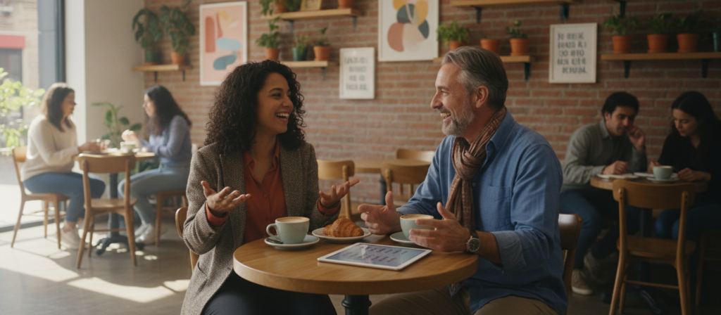 A vibrant coffee shop scene where two individuals engage in a lively conversation while practicing Spanish. In the foreground, a young woman of Hispanic descent and a middle-aged man of European descent sit at a small round table, smiling and gesturing animatedly, both in professional casual attire. The middle ground showcases warm, inviting decor with plants and art, creating an atmosphere of camaraderie and learning. In the background, blurred figures of other patrons enjoying their drinks further enhance the social environment. Soft, natural lighting filters through a nearby window, casting gentle shadows and highlighting the subjects' expressions. The overall mood is friendly, supportive, and focused on effective communication, perfect for illustrating the act of practicing language skills. A vibrant coffee shop scene where two individuals engage in a lively conversation while practicing Spanish. In the foreground, a young woman of Hispanic descent and a middle-aged man of European descent sit at a small round table, smiling and gesturing animatedly, both in professional casual attire. The middle ground showcases warm, inviting decor with plants and art, creating an atmosphere of camaraderie and learning. In the background, blurred figures of other patrons enjoying their drinks further enhance the social environment. Soft, natural lighting filters through a nearby window, casting gentle shadows and highlighting the subjects' expressions. The overall mood is friendly, supportive, and focused on effective communication, perfect for illustrating the act of practicing language skills.