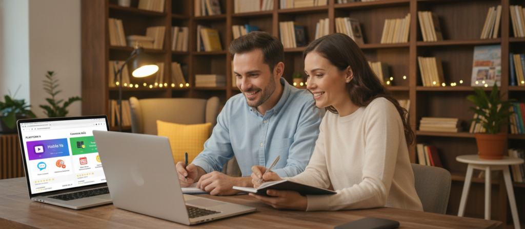 A visually appealing comparison platform for online Spanish lessons aimed at adults. In the foreground, display a laptop on a wooden desk with an open browser tab showing a side-by-side comparison of Spanish learning platforms. Include vibrant icons representing different features like video lessons, live tutoring, and interactive exercises. In the middle ground, a well-dressed adult male and an adult female engaged in learning, taking notes and looking at the laptop screen, both smiling and focused. In the background, a cozy study environment with bookshelves filled with Spanish language materials, warm lighting casting a welcoming glow, suggesting a productive and encouraging atmosphere for learning. The image should be bright, inviting, and reflect a modern approach to online education. A visually appealing comparison platform for online Spanish lessons aimed at adults. In the foreground, display a laptop on a wooden desk with an open browser tab showing a side-by-side comparison of Spanish learning platforms. Include vibrant icons representing different features like video lessons, live tutoring, and interactive exercises. In the middle ground, a well-dressed adult male and an adult female engaged in learning, taking notes and looking at the laptop screen, both smiling and focused. In the background, a cozy study environment with bookshelves filled with Spanish language materials, warm lighting casting a welcoming glow, suggesting a productive and encouraging atmosphere for learning. The image should be bright, inviting, and reflect a modern approach to online education.