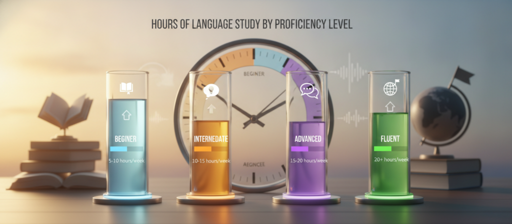 A visually captivating infographic representing "hours of language study by proficiency level." In the foreground, distinct columns charting different proficiency levels: beginner, intermediate, advanced, and fluent, each with unique icons symbolizing the level. In the middle ground, a stylized clock shows the hours per week necessary for each level, enhancing the informative aspect. The background features soft, gradient shades signifying a learning environment, with elements like books and globes subtly integrated to emphasize language learning. Use warm lighting to create an inviting atmosphere, and employ a slightly elevated angle for a dynamic perspective. Overall, aim for a clean, organized layout that encourages audience engagement and understanding, free of any text or distractions. A visually captivating infographic representing "hours of language study by proficiency level." In the foreground, distinct columns charting different proficiency levels: beginner, intermediate, advanced, and fluent, each with unique icons symbolizing the level. In the middle ground, a stylized clock shows the hours per week necessary for each level, enhancing the informative aspect. The background features soft, gradient shades signifying a learning environment, with elements like books and globes subtly integrated to emphasize language learning. Use warm lighting to create an inviting atmosphere, and employ a slightly elevated angle for a dynamic perspective. Overall, aim for a clean, organized layout that encourages audience engagement and understanding, free of any text or distractions.