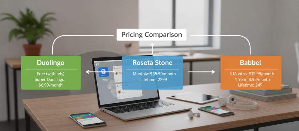 Comparison of online language-learning formats and pricing structures Comparison chart showing different online language-learning formats and pricing structures
