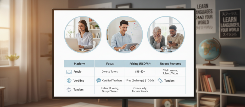 Personalised language-learning options for different goals and learning styles A comparison of personalised language-learning options, including private online lessons, structured group classes, conversation practice and independent study tools.