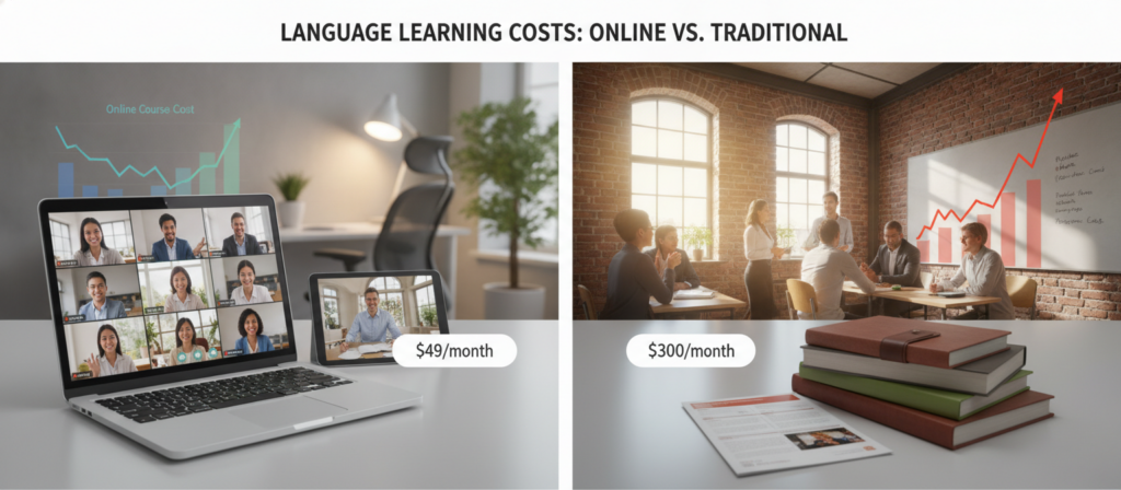 A visually engaging comparison of language course costs, showcasing online classes versus traditional language schools. In the foreground, a modern laptop with a vibrant screen displaying a virtual classroom with diverse students in professional attire, engaged in interactive learning. Beside it, a stack of books symbolizing traditional language education. The middle layer features a split scene: one side depicting a cozy, organized home office with warm lighting, and the other side showing a welcoming, rustic language school environment with natural light streaming through large windows. The background includes a blurred chart or graph illustrating cost comparisons, adding depth to the image. The overall mood is informative yet inviting, emphasizing flexibility and accessibility in language learning options.