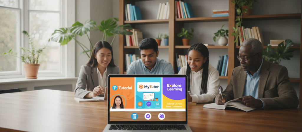 A visually engaging comparison of various online tutoring platforms popular in the UK. In the foreground, display a laptop screen showcasing a vibrant interface of educational platforms with distinct logos and features. Surrounding the laptop, include icons representing different subjects such as mathematics, languages, and science. In the middle ground, illustrate a diverse group of learners of varying ages engaged in study, presenting a mix of genders and ethnicities, all dressed in professional attire or modest casual clothing. The background should feature an inviting study environment, with bookshelves and plants, softly lit by natural light streaming through a window. The mood is focused yet approachable, highlighting the growing interest in diverse tutoring options among UK students. The angle should be slightly elevated to capture both the laptop and the engaged learners effectively. A visually engaging comparison of various online tutoring platforms popular in the UK. In the foreground, display a laptop screen showcasing a vibrant interface of educational platforms with distinct logos and features. Surrounding the laptop, include icons representing different subjects such as mathematics, languages, and science. In the middle ground, illustrate a diverse group of learners of varying ages engaged in study, presenting a mix of genders and ethnicities, all dressed in professional attire or modest casual clothing. The background should feature an inviting study environment, with bookshelves and plants, softly lit by natural light streaming through a window. The mood is focused yet approachable, highlighting the growing interest in diverse tutoring options among UK students. The angle should be slightly elevated to capture both the laptop and the engaged learners effectively.