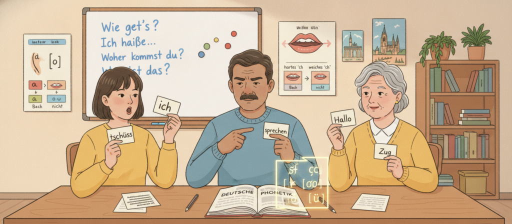 A visually engaging illustration for beginners in learning German pronunciation. In the foreground, a diverse group of three learners (a young woman of Asian descent, a middle-aged man of Hispanic descent, and a senior woman of Caucasian descent) are seated at a table, focused on pronunciation practice with flashcards displaying German words. The middle layer features an open textbook on German phonetics, with phonetic symbols highlighted. In the background, a softly lit classroom scene with a large whiteboard filled with basic German phrases, colorful charts illustrating vowel sounds, and images of German landmarks to enhance learning. Warm ambient lighting creates a welcoming atmosphere, captured from an eye-level angle to encourage connection and engagement with the subject matter. A visually engaging illustration for beginners in learning German pronunciation. In the foreground, a diverse group of three learners (a young woman of Asian descent, a middle-aged man of Hispanic descent, and a senior woman of Caucasian descent) are seated at a table, focused on pronunciation practice with flashcards displaying German words. The middle layer features an open textbook on German phonetics, with phonetic symbols highlighted. In the background, a softly lit classroom scene with a large whiteboard filled with basic German phrases, colorful charts illustrating vowel sounds, and images of German landmarks to enhance learning. Warm ambient lighting creates a welcoming atmosphere, captured from an eye-level angle to encourage connection and engagement with the subject matter.