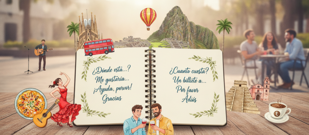 A visually engaging layout of essential Spanish phrases for tourists, surrounded by vibrant imagery from popular destinations in Spain and Latin America. In the foreground, a beautifully designed, open travel notebook with neatly written phrases in elegant calligraphy, such as "¿Dónde está…?", "Me gustaría…", and "¡Ayuda, por favor!". In the middle, colorful illustrations of traditional food, cultural landmarks, and friendly local scenes. The background features a sunny outdoor plaza with people in modest casual clothing enjoying their day, creating a warm and inviting atmosphere. Soft, natural lighting highlights the notebook, with a slightly blurred bokeh effect on the background, giving a sense of liveliness and approachability. The overall mood is cheerful and informative, emphasizing the ease of communication while traveling. A visually engaging layout of essential Spanish phrases for tourists, surrounded by vibrant imagery from popular destinations in Spain and Latin America. In the foreground, a beautifully designed, open travel notebook with neatly written phrases in elegant calligraphy, such as "¿Dónde está…?", "Me gustaría…", and "¡Ayuda, por favor!". In the middle, colorful illustrations of traditional food, cultural landmarks, and friendly local scenes. The background features a sunny outdoor plaza with people in modest casual clothing enjoying their day, creating a warm and inviting atmosphere. Soft, natural lighting highlights the notebook, with a slightly blurred bokeh effect on the background, giving a sense of liveliness and approachability. The overall mood is cheerful and informative, emphasizing the ease of communication while traveling.