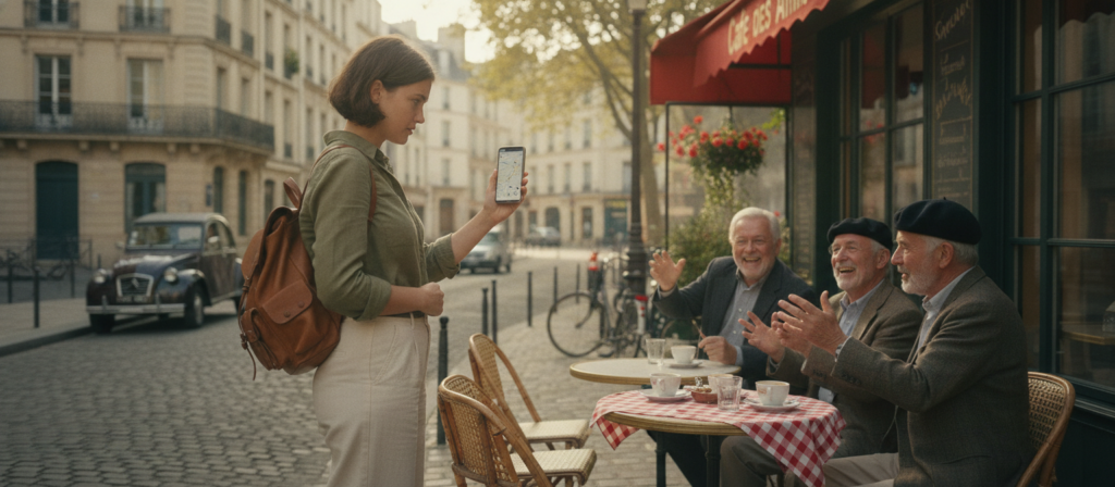 A visually engaging scene depicting a traveler in a quaint French street, seeking directions. In the foreground, a young adult dressed in smart casual clothing is using a smartphone, looking slightly puzzled yet curious. The middle ground features a charming café with outdoor seating where locals are discussing animatedly, enhancing the authentic atmosphere. The background showcases classic Parisian architecture, with a cobblestone street winding through a vibrant neighborhood. Soft, natural lighting filters through the trees, casting gentle shadows and creating a warm, welcoming mood. The overall tone of the image conveys a sense of adventure and the excitement of exploring a new place, reflecting the theme of asking for help and directions in a foreign city.