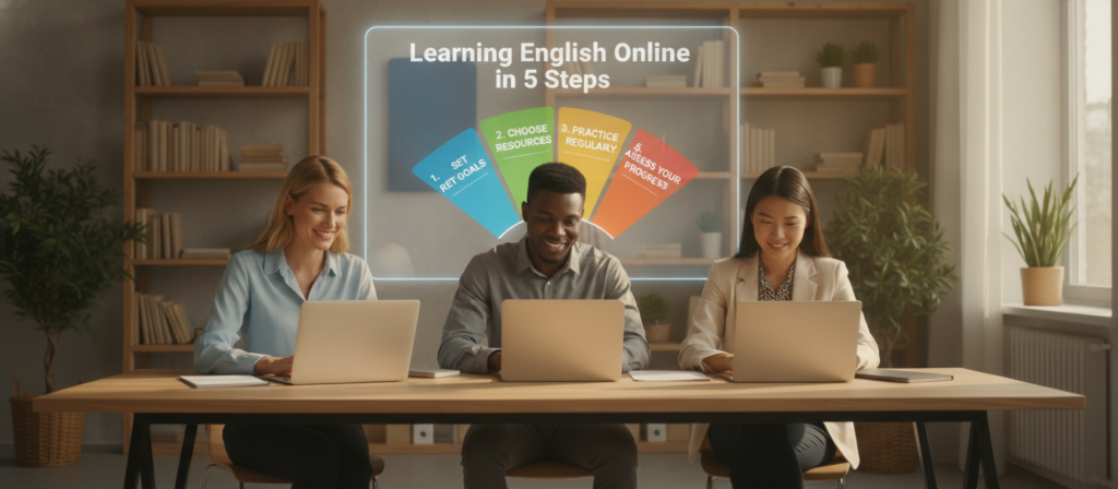 A visually engaging scene depicting the concept of "Learning English Online in 5 Steps." In the foreground, a diverse group of three individuals, a Caucasian woman, a Black man, and an Asian woman, are focused on their laptops, smiling as they interact with digital content. They are dressed in professional business attire, sitting around a modern study table. In the middle, a large screen displays a colorful infographic illustrating the five steps of online English learning, such as 'Set Goals,' 'Choose Resources,' 'Practice Regularly,' 'Engage with Others,' and 'Assess Your Progress.' The background features a bright, cozy home office with bookshelves, potted plants, and soft natural light filtering through a window, creating an inviting atmosphere that encourages learning and collaboration. The mood is upbeat and inspiring, highlighting the accessibility and effectiveness of online education. A visually engaging scene depicting the concept of "Learning English Online in 5 Steps." In the foreground, a diverse group of three individuals, a Caucasian woman, a Black man, and an Asian woman, are focused on their laptops, smiling as they interact with digital content. They are dressed in professional business attire, sitting around a modern study table. In the middle, a large screen displays a colorful infographic illustrating the five steps of online English learning, such as 'Set Goals,' 'Choose Resources,' 'Practice Regularly,' 'Engage with Others,' and 'Assess Your Progress.' The background features a bright, cozy home office with bookshelves, potted plants, and soft natural light filtering through a window, creating an inviting atmosphere that encourages learning and collaboration. The mood is upbeat and inspiring, highlighting the accessibility and effectiveness of online education.