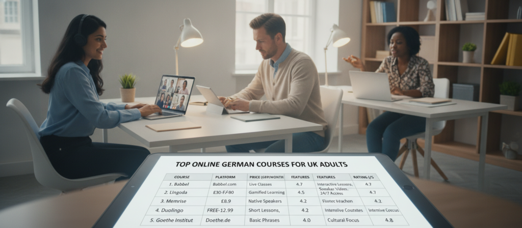 A visually informative comparison chart depicting the best online German courses for UK adults, prominently featured in the foreground, showcasing course names, features, and ratings. In the middle ground, include diverse adult learners engaged in virtual classes via laptops and tablets, dressed in smart casual attire, with expressions of curiosity and focus. The background features subtle elements of a modern study environment, such as bookshelves and fair lighting, creating a warm and inviting atmosphere. Use soft lighting to enhance the mood of productivity and learning, with a slight depth of field effect to draw attention to the comparison chart. Capture this scene from a slightly elevated angle to provide a comprehensive view.
