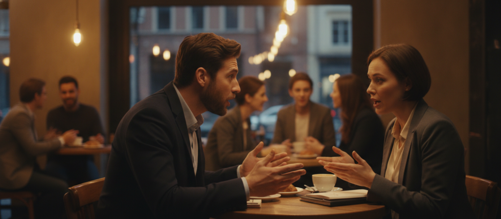 A visually rich scene depicting a cozy café setting where people are engaged in conversation, sharing their opinions. In the foreground, two individuals, one male and one female, are seated at a small table, sincerely discussing with animated expressions. They are dressed in professional business attire, such as a blazer and a button-up shirt, embodying a casual yet polished atmosphere. The middle ground features additional patrons engaged in light conversation, creating a sense of community. In the background, warm lighting emanates from hanging bulbs, casting a soft glow, enhancing the inviting ambiance. The overall mood is warm and friendly, illustrating the essence of everyday expressions for sharing opinions in a relaxed social environment. Focused, slightly blurred depth of field enhances the foreground subjects, creating a sense of intimacy.