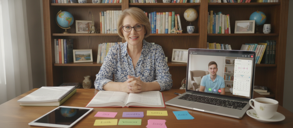 A warm and inviting online language tutoring session, featuring a professional language tutor and an engaged student on a video call. In the foreground, the tutor, a middle-aged woman with glasses, is sitting at a tidy desk covered with language materials and stationery, wearing a smart casual blouse. The student, a young man wearing a polo shirt, is attentively listening from his cozy home setup. In the middle ground, a laptop screen displays interactive language learning tools. The background features well-organized bookshelves filled with language books and cultural decorations to create an inspiring atmosphere. Soft, natural lighting highlights the subjects, creating a friendly and focused environment for personalized learning. The camera angle is slightly elevated, capturing the tutor's enthusiastic expression.