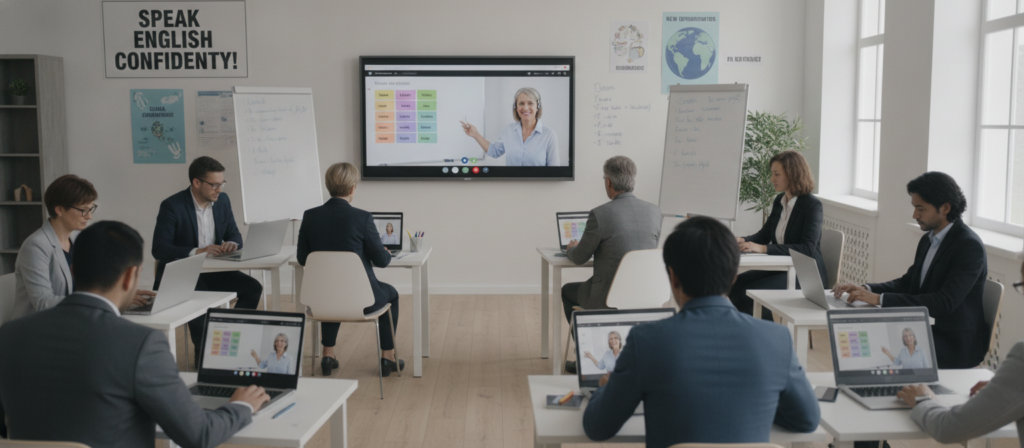 A well-lit, modern online classroom setting filled with adults engaging in an English language course. In the foreground, a diverse group of adult learners, men and women of various ethnicities, are seated at desks, actively participating in a video call on laptops, dressed in professional business attire. In the middle ground, an instructor appears on a large screen, guiding the lesson with visual aids. The background features motivational English language posters and a whiteboard with grammar notes. The room is bright and inviting, with natural light streaming through large windows. The atmosphere is focused yet collaborative, conveying a sense of progression and learning in a digital environment. A well-lit, modern online classroom setting filled with adults engaging in an English language course. In the foreground, a diverse group of adult learners, men and women of various ethnicities, are seated at desks, actively participating in a video call on laptops, dressed in professional business attire. In the middle ground, an instructor appears on a large screen, guiding the lesson with visual aids. The background features motivational English language posters and a whiteboard with grammar notes. The room is bright and inviting, with natural light streaming through large windows. The atmosphere is focused yet collaborative, conveying a sense of progression and learning in a digital environment.