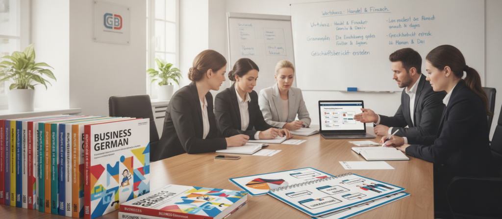 A well-organized office environment showcasing an array of business German training tools designed for employees. In the foreground, there are several colorful training books and manuals titled "Business German" with visuals such as charts and flashcards. In the middle ground, a laptop displays an interactive learning module, surrounded by a modern meeting table with professional business attire-clad individuals engaged in a training session, focusing intently on their materials. The background features a whiteboard with vocabulary and grammar points written methodically. Soft, natural light streams in from large windows, casting gentle shadows, creating a welcoming and productive atmosphere. The scene emphasizes collaboration and growth in a corporate setting. A well-organized office environment showcasing an array of business German training tools designed for employees. In the foreground, there are several colorful training books and manuals titled "Business German" with visuals such as charts and flashcards. In the middle ground, a laptop displays an interactive learning module, surrounded by a modern meeting table with professional business attire-clad individuals engaged in a training session, focusing intently on their materials. The background features a whiteboard with vocabulary and grammar points written methodically. Soft, natural light streams in from large windows, casting gentle shadows, creating a welcoming and productive atmosphere. The scene emphasizes collaboration and growth in a corporate setting.