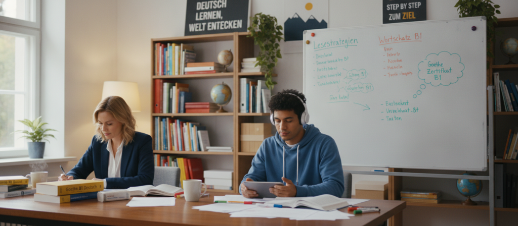 A bright, inviting study environment featuring a diverse group of three individuals (one Caucasian, one Hispanic, and one Black) engaged in different Goethe B1 preparation activities. In the foreground, a person in professional attire is writing notes at a desk surrounded by textbooks, while another person listens attentively with headphones, practicing listening skills. The middle ground includes a large whiteboard filled with reading strategies and vocabulary in colorful markers. In the background, a cheerful and well-lit room features a bookshelf filled with language resources, plants, and motivational posters related to language learning. The atmosphere is optimistic and focused, with warm lighting and a depth of field that softly blurs the background, emphasizing the students' commitment to exam preparation. A bright, inviting study environment featuring a diverse group of three individuals (one Caucasian, one Hispanic, and one Black) engaged in different Goethe B1 preparation activities. In the foreground, a person in professional attire is writing notes at a desk surrounded by textbooks, while another person listens attentively with headphones, practicing listening skills. The middle ground includes a large whiteboard filled with reading strategies and vocabulary in colorful markers. In the background, a cheerful and well-lit room features a bookshelf filled with language resources, plants, and motivational posters related to language learning. The atmosphere is optimistic and focused, with warm lighting and a depth of field that softly blurs the background, emphasizing the students' commitment to exam preparation.