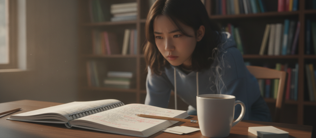 A close-up of an open notebook filled with handwritten notes and corrections, displaying examples of language errors in a foreign language. In the foreground, a pencil with eraser marks and a cup of coffee to suggest a learning environment. In the middle ground, a blurred image of a thoughtful student, dressed in modest casual clothing, examining the notes intently. The background features a soft-lit study room with bookshelves filled with language books and a warm, inviting atmosphere. The lighting should be warm and natural, simulating late afternoon sunlight filtering through a window. The overall mood conveys focus, dedication, and the pursuit of language proficiency. A close-up of an open notebook filled with handwritten notes and corrections, displaying examples of language errors in a foreign language. In the foreground, a pencil with eraser marks and a cup of coffee to suggest a learning environment. In the middle ground, a blurred image of a thoughtful student, dressed in modest casual clothing, examining the notes intently. The background features a soft-lit study room with bookshelves filled with language books and a warm, inviting atmosphere. The lighting should be warm and natural, simulating late afternoon sunlight filtering through a window. The overall mood conveys focus, dedication, and the pursuit of language proficiency.