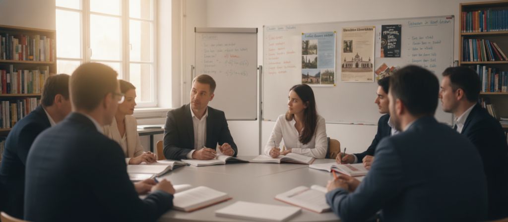 A cozy classroom setting designed for German language immersion, featuring B2 level learners engaged in interactive practice. In the foreground, a diverse group of adult learners, dressed in professional business attire, are seated at a circular table, enthusiastically discussing ideas while reviewing German language materials. In the middle, a whiteboard filled with vocabulary and grammar notes stands prominently, along with a colorful poster showcasing German culture. In the background, warm natural light filters through large windows, casting a soft glow, while shelves filled with German books and resources add depth to the scene. The atmosphere is vibrant and focused, embodying commitment to language learning and cultural exchange, captured with a slightly shallow depth of field to keep the learners in sharp focus.