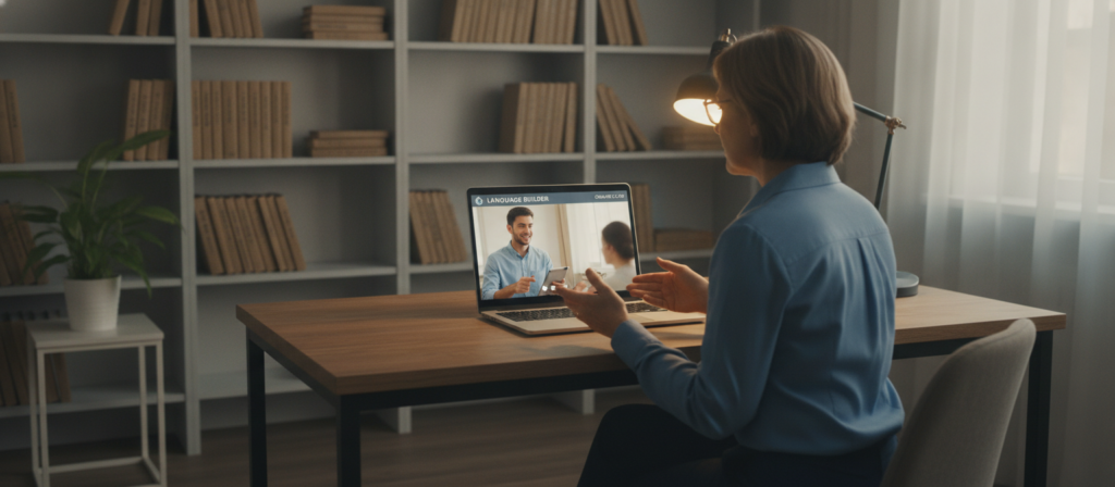 A teacher providing a live online language lesson from a home office A teacher providing a live online language lesson from a home office