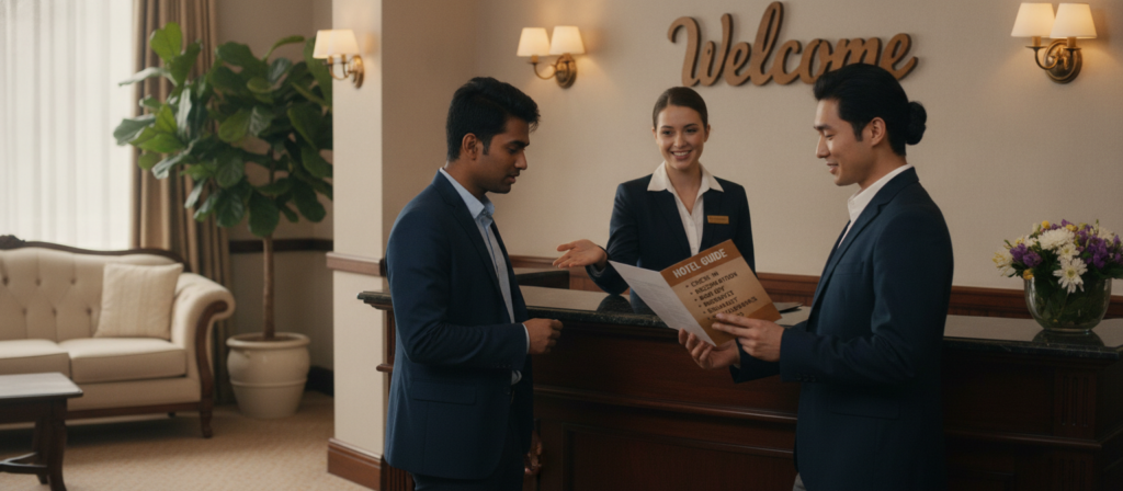 A cozy hotel reception area designed to convey hospitality and tourism in an English-speaking country. In the foreground, a friendly receptionist behind a polished desk, dressed in professional business attire, warmly welcoming guests. In the middle, tourists of diverse backgrounds, looking at a hotel information brochure showcasing key English vocabulary for travelers, such as "check-in," "reservation," and "amenities." The background features welcoming decor, including a lush indoor plant, soft lighting, and a prominent sign displaying "Welcome" in elegant typography. The scene captures a warm atmosphere, inviting and friendly, with a focus on communication and learning in a hotel setting. The lighting is soft and natural, evoking comfort and approachability.