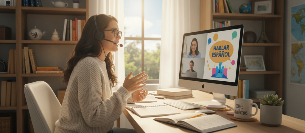 A cozy, modern home office scene that captures the essence of private online language lessons. In the foreground, a professional-looking individual sits at a sleek desk, wearing casual yet polished attire, engaged in a virtual lesson. The computer screen displays colorful educational materials, while notes and a coffee mug add a personal touch. In the middle ground, a large window lets in warm, natural light, illuminating the space and creating a welcoming atmosphere. Bookshelves filled with language books and cultural artifacts fill the background, emphasizing the educational theme. The mood is focused and inspiring, highlighting the benefits of flexible scheduling in private lessons. The image should be bright, airy, and encourage a sense of motivation and learning. A cozy, modern home office scene that captures the essence of private online language lessons. In the foreground, a professional-looking individual sits at a sleek desk, wearing casual yet polished attire, engaged in a virtual lesson. The computer screen displays colorful educational materials, while notes and a coffee mug add a personal touch. In the middle ground, a large window lets in warm, natural light, illuminating the space and creating a welcoming atmosphere. Bookshelves filled with language books and cultural artifacts fill the background, emphasizing the educational theme. The mood is focused and inspiring, highlighting the benefits of flexible scheduling in private lessons. The image should be bright, airy, and encourage a sense of motivation and learning.