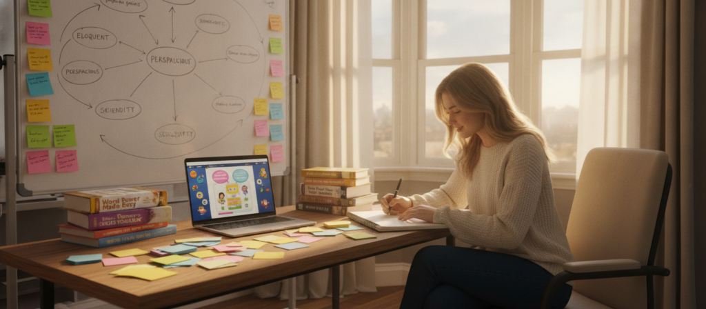 A cozy study room filled with an array of vocabulary study techniques. In the foreground, a desk cluttered with colorful flashcards, a laptop showing an online vocabulary game, and a stack of engaging books. In the middle, a whiteboard displaying mind maps with interconnected words, surrounded by sticky notes with definitions. The background features a window letting in warm, soft lighting that creates an inviting atmosphere. A professional woman in smart casual attire sits at the desk, focused and writing in a notebook. The mood is energetic and proactive, emphasizing a vibrant learning environment aimed at boosting word power and improving English vocabulary skills.