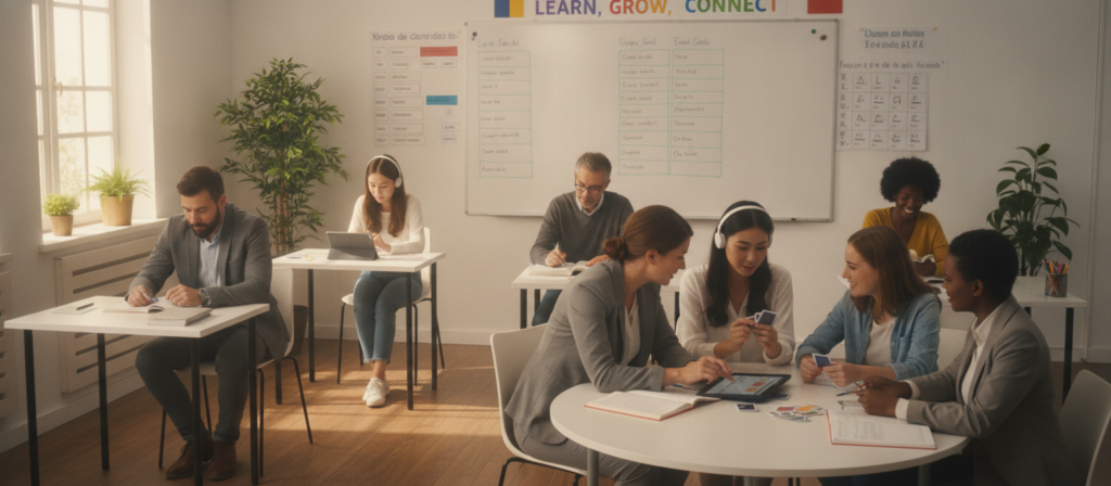 A cozy, well-organized classroom setting featuring a diverse group of adult learners engaged in personalized language instruction. A cozy, well-organized classroom setting featuring a diverse group of adult learners engaged in personalized language instruction. In the foreground, a facilitator, dressed in professional attire, interacts with a small group of students, providing tailored language exercises. The middle ground showcases students of various backgrounds, each focused on unique materials—books, digital tablets, and flashcards. The background reveals a whiteboard filled with language charts and inspirational phrases in different languages. Warm, natural lighting streams in through large windows, creating an inviting atmosphere. The overall mood is one of engagement, collaboration, and enthusiasm for learning. The composition emphasizes individual learning experiences within a supportive educational environment.