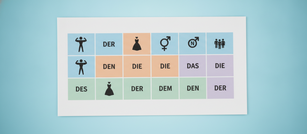 A detailed German case endings chart, prominently displaying the nominative, accusative, dative, and genitive articles. The foreground features neatly organized sections for each case, using distinct colors for clarity. In the middle, vibrant icons representing masculine, feminine, neuter, and plural nouns visually enhance understanding. The background is a subtle gradient of soft blues and whites, creating a calming atmosphere conducive to learning. The lighting is bright and even, emphasizing the chart's details without harsh shadows. The composition is clean and professional, evoking a mood of educational simplicity and accessibility, perfect for illustrating the concept of German cases in a structured manner. No text overlays or extraneous elements are included.