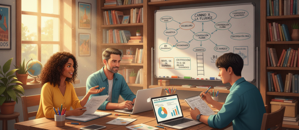 A detailed illustration of a vibrant and engaging Spanish proficiency level and learning goals assessment scene. In the foreground, a diverse group of three individuals, a woman and two men, are seated at a table, intently discussing their Spanish learning objectives. Each person has a notepad and a laptop open, showcasing charts and graphs related to language proficiency levels. In the middle ground, a large whiteboard is filled with colorful diagrams, showcasing a pathway to fluency, with words and phrases in Spanish. In the background, a cozy study environment with warm lighting and bookshelves filled with Spanish language materials. The atmosphere is focused and encouraging, emphasizing collaboration and goal-setting in language learning. The image is bright with natural sunlight streaming through a window, creating an inspiring and productive ambiance. A detailed illustration of a vibrant and engaging Spanish proficiency level and learning goals assessment scene. In the foreground, a diverse group of three individuals, a woman and two men, are seated at a table, intently discussing their Spanish learning objectives. Each person has a notepad and a laptop open, showcasing charts and graphs related to language proficiency levels. In the middle ground, a large whiteboard is filled with colorful diagrams, showcasing a pathway to fluency, with words and phrases in Spanish. In the background, a cozy study environment with warm lighting and bookshelves filled with Spanish language materials. The atmosphere is focused and encouraging, emphasizing collaboration and goal-setting in language learning. The image is bright with natural sunlight streaming through a window, creating an inspiring and productive ambiance.