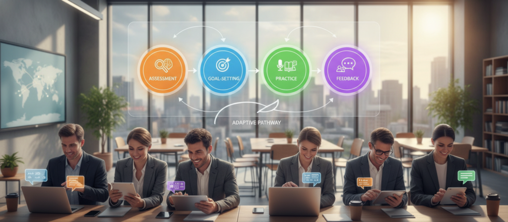 A detailed illustration of the step-by-step process of personalized language learning, organized into three clear layers. In the foreground, a diverse group of individuals, dressed in professional business attire, are engaged with various digital devices showcasing language learning apps, with expressions of focus and enthusiasm. The middle layer features a large infographic-style chart that visually breaks down the steps: assessment, goal-setting, practice, and feedback, using colorful icons and arrows to guide the viewer. In the background, a bright, modern classroom setting with large windows allowing natural light to illuminate the space. The mood is inspiring and collaborative, hinting at a dynamic approach to education. The viewpoint is slightly elevated, capturing both the learners and the learning resources cohesively. A detailed illustration of the step-by-step process of personalized language learning, organized into three clear layers. In the foreground, a diverse group of individuals, dressed in professional business attire, are engaged with various digital devices showcasing language learning apps, with expressions of focus and enthusiasm. The middle layer features a large infographic-style chart that visually breaks down the steps: assessment, goal-setting, practice, and feedback, using colorful icons and arrows to guide the viewer. In the background, a bright, modern classroom setting with large windows allowing natural light to illuminate the space. The mood is inspiring and collaborative, hinting at a dynamic approach to education. The viewpoint is slightly elevated, capturing both the learners and the learning resources cohesively.