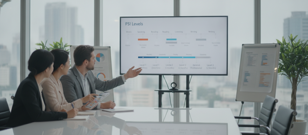 A detailed visual of a language study plan designed around FSI benchmarks. In the foreground, a diverse group of professionals—two women and one man—sits around a modern conference table, discussing language goals. They are in professional attire, with notebooks, tablets, and colorful charts illustrating their study plan. In the middle, a large digital screen displays a clear timeline and benchmarks for different language skills and levels. The background features a bright, modern office setting with large windows allowing natural light to filter in, creating a focused yet inviting atmosphere. Use a soft focus lens effect to create a professional mood, emphasizing collaboration and goal-setting in language learning. A detailed visual of a language study plan designed around FSI benchmarks. In the foreground, a diverse group of professionals—two women and one man—sits around a modern conference table, discussing language goals. They are in professional attire, with notebooks, tablets, and colorful charts illustrating their study plan. In the middle, a large digital screen displays a clear timeline and benchmarks for different language skills and levels. The background features a bright, modern office setting with large windows allowing natural light to filter in, creating a focused yet inviting atmosphere. Use a soft focus lens effect to create a professional mood, emphasizing collaboration and goal-setting in language learning.