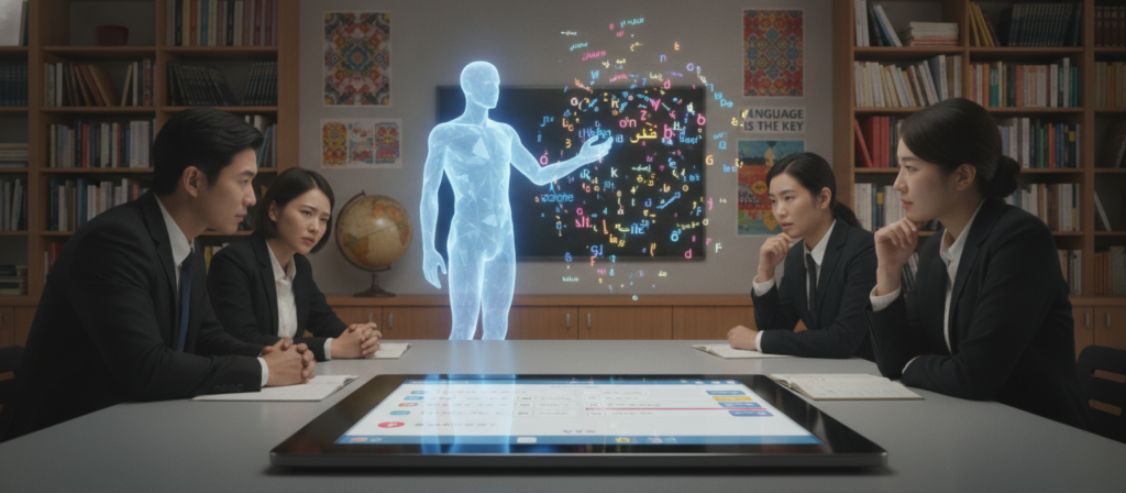 A dynamic scene set in a bright and modern classroom, featuring a digital tablet displaying language learning applications on its screen. In the foreground, a diverse group of students, dressed in professional business attire, look thoughtfully at the tablet, reflecting curiosity and engagement. In the middle ground, a thoughtful AI representation—perhaps a holographic figure, symbolizing artificial intelligence—interacts with language symbols floating in the air like letters and phrases in different languages. The background includes tall shelves of language books, a globe, and vibrant posters showcasing different cultures. Soft, warm lighting illuminates the room, evoking an atmosphere of learning and innovation, while maintaining a professional tone. The image conveys the balance of human interaction and AI's limitations in language acquisition. A dynamic scene set in a bright and modern classroom, featuring a digital tablet displaying language learning applications on its screen. In the foreground, a diverse group of students, dressed in professional business attire, look thoughtfully at the tablet, reflecting curiosity and engagement. In the middle ground, a thoughtful AI representation—perhaps a holographic figure, symbolizing artificial intelligence—interacts with language symbols floating in the air like letters and phrases in different languages. The background includes tall shelves of language books, a globe, and vibrant posters showcasing different cultures. Soft, warm lighting illuminates the room, evoking an atmosphere of learning and innovation, while maintaining a professional tone. The image conveys the balance of human interaction and AI's limitations in language acquisition.