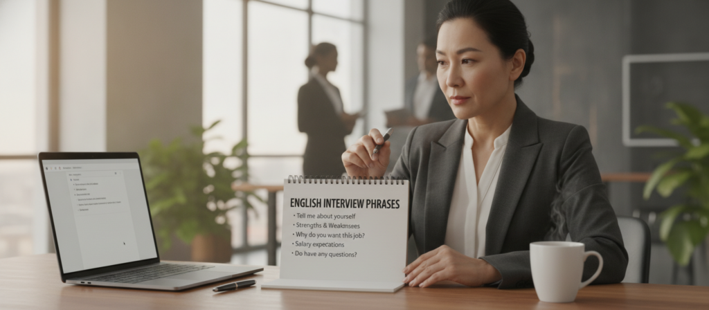 A focused close-up of a neatly arranged desk, showcasing a stack of English interview phrases on a notepad, surrounded by a sleek laptop, a pen, and a cup of coffee. In the foreground, a confident individual in professional business attire, a diverse middle-aged woman, is seated with a thoughtful expression, poised as if preparing for an interview. The middle features a softly blurred background of a modern office environment with natural light streaming through large windows, creating a warm and inviting atmosphere. The scene should evoke feelings of professionalism and motivation, highlighting the importance of preparedness for a job interview, while emphasizing the theme of effective communication in English. The image should be bright, well-lit, and crisp, capturing the essence of a productive workspace. A focused close-up of a neatly arranged desk, showcasing a stack of English interview phrases on a notepad, surrounded by a sleek laptop, a pen, and a cup of coffee. In the foreground, a confident individual in professional business attire, a diverse middle-aged woman, is seated with a thoughtful expression, poised as if preparing for an interview. The middle features a softly blurred background of a modern office environment with natural light streaming through large windows, creating a warm and inviting atmosphere. The scene should evoke feelings of professionalism and motivation, highlighting the importance of preparedness for a job interview, while emphasizing the theme of effective communication in English. The image should be bright, well-lit, and crisp, capturing the essence of a productive workspace.