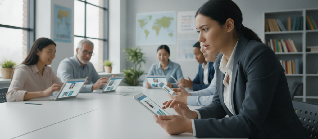 A modern classroom setting featuring diverse language learners engaged in conversation practice with sleek, user-friendly AI chatbot interfaces displayed on tablets. In the foreground, a young woman in professional business attire actively interacts with an AI chatbot, her expression focused and curious. In the middle, a table with additional learners, showcasing a mix of ages and ethnic backgrounds, each using their own devices. The background reveals a bright, airy classroom with large windows, allowing natural light to flood the space, emphasizing a welcoming atmosphere. The room is decorated with educational posters and language maps, contributing to the intellectual vibe. The overall mood is one of innovation and collaboration, highlighting the role of AI in enhancing language learning experiences.