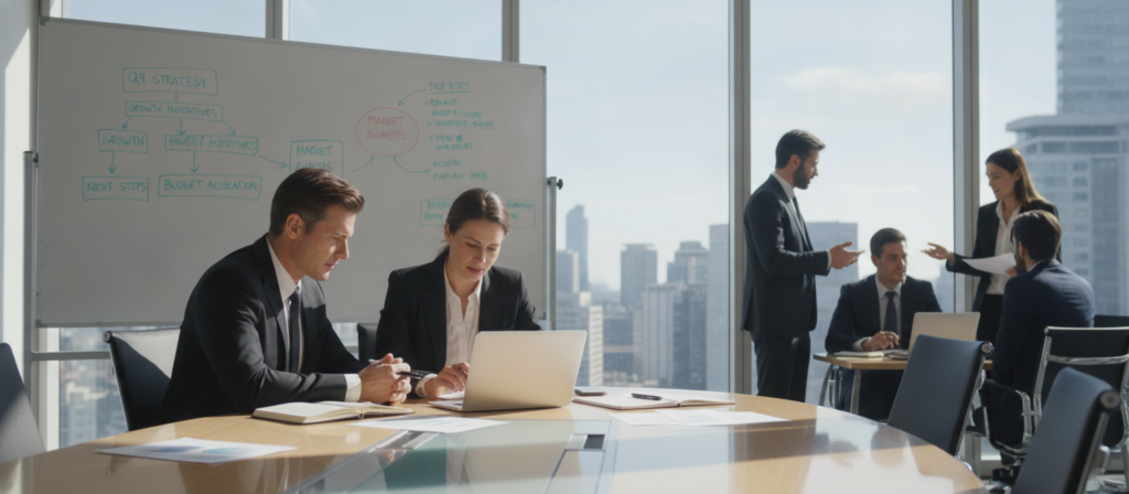 A modern office meeting room filled with diverse professionals engaged in a discussion. In the foreground, a group of three individuals, two men and one woman, are seated at a sleek conference table, all dressed in professional business attire, sharing notes and looking attentively at a laptop. In the middle, a whiteboard with colorful diagrams and important phrases in English relevant to meetings is visible, adding context. The background features large windows letting in natural light, creating a bright and inviting atmosphere. The mood is focused yet collaborative, capturing the essence of effective communication during business meetings. The camera angle is slightly elevated, providing a clear view of both the participants and the surrounding environment. A modern office meeting room filled with diverse professionals engaged in a discussion. In the foreground, a group of three individuals, two men and one woman, are seated at a sleek conference table, all dressed in professional business attire, sharing notes and looking attentively at a laptop. In the middle, a whiteboard with colorful diagrams and important phrases in English relevant to meetings is visible, adding context. The background features large windows letting in natural light, creating a bright and inviting atmosphere. The mood is focused yet collaborative, capturing the essence of effective communication during business meetings. The camera angle is slightly elevated, providing a clear view of both the participants and the surrounding environment.