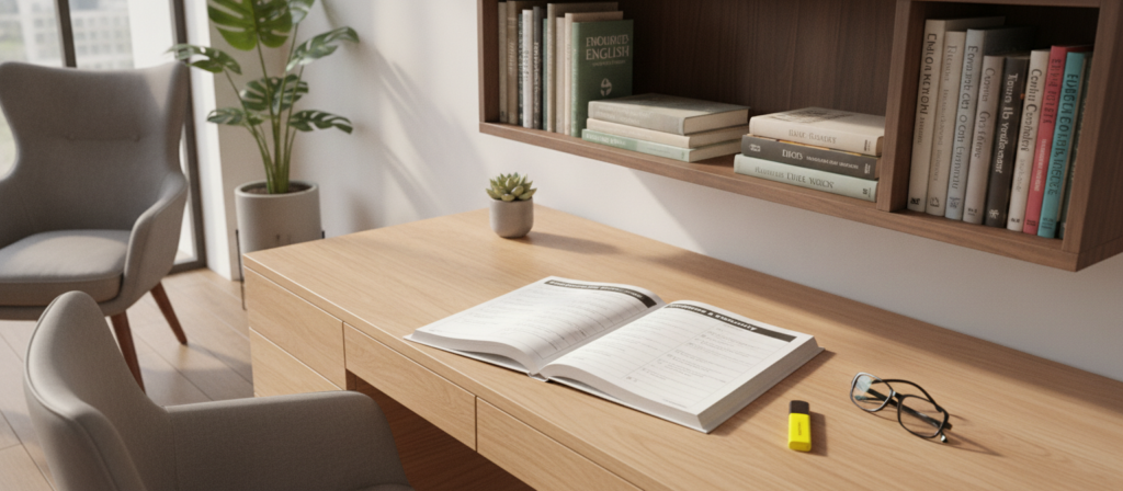 A modern study space featuring a neatly arranged wooden desk with an open grammar workbook displaying advanced English vocabulary exercises. In the foreground, a pair of stylish reading glasses and a highlighter share space with the workbook. The middle ground showcases a wall-mounted bookshelf filled with English literature and reference books, contributing to a scholarly atmosphere. Soft, natural light streams in through a large window, illuminating the workspace, while the background includes a comfortable armchair and houseplants to enhance the inviting ambiance. The overall mood is focused and motivating, ideal for anyone striving to elevate their English proficiency from B2 to C1. The scene is shot from a slightly elevated angle to capture the workspace dynamics effectively, emphasizing organization and clarity. A modern study space featuring a neatly arranged wooden desk with an open grammar workbook displaying advanced English vocabulary exercises. In the foreground, a pair of stylish reading glasses and a highlighter share space with the workbook. The middle ground showcases a wall-mounted bookshelf filled with English literature and reference books, contributing to a scholarly atmosphere. Soft, natural light streams in through a large window, illuminating the workspace, while the background includes a comfortable armchair and houseplants to enhance the inviting ambiance. The overall mood is focused and motivating, ideal for anyone striving to elevate their English proficiency from B2 to C1. The scene is shot from a slightly elevated angle to capture the workspace dynamics effectively, emphasizing organization and clarity.